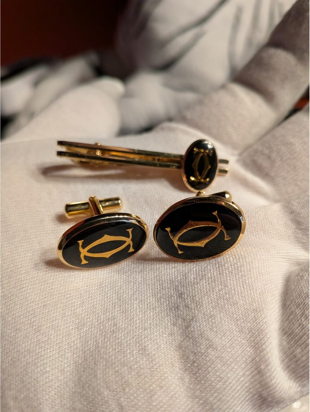 Cartier 2C Logo Tie Bar & Cufflink Set Authentic Oval Shape Black & Gold Men's